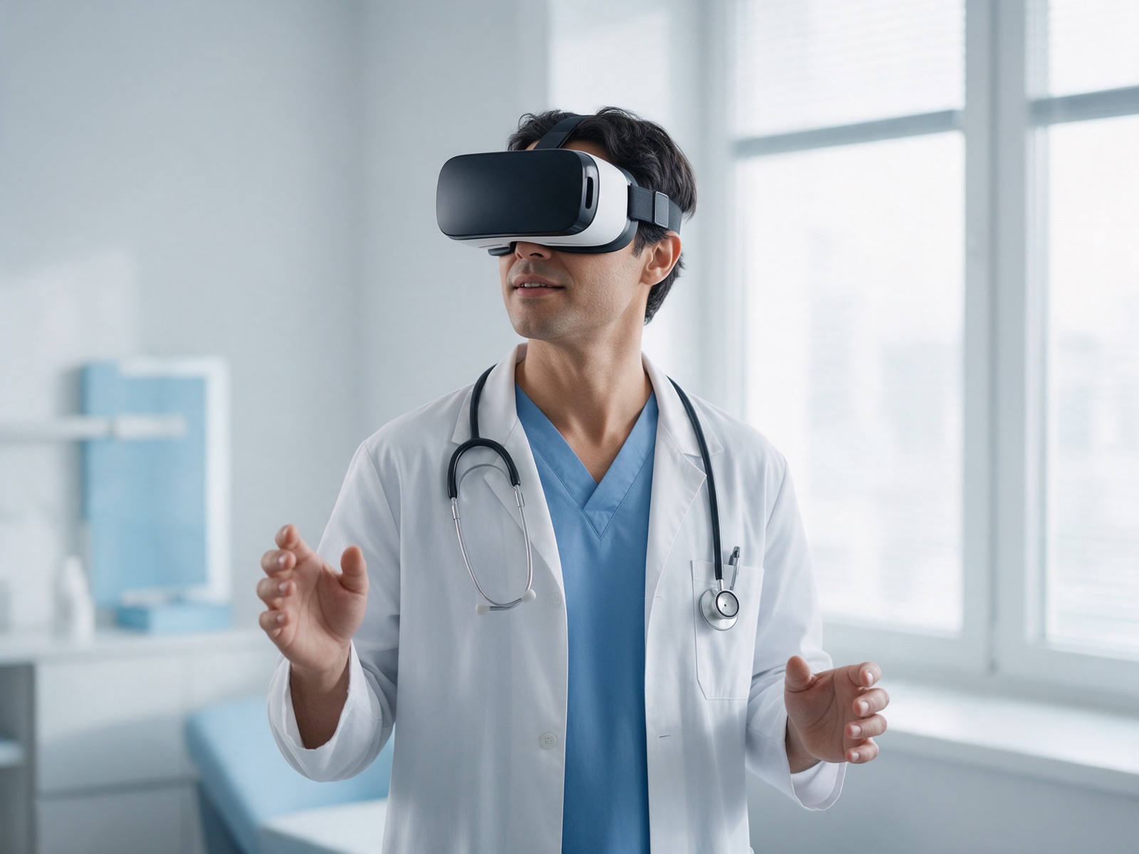 Médico explorando un recorrido virtual con un visor